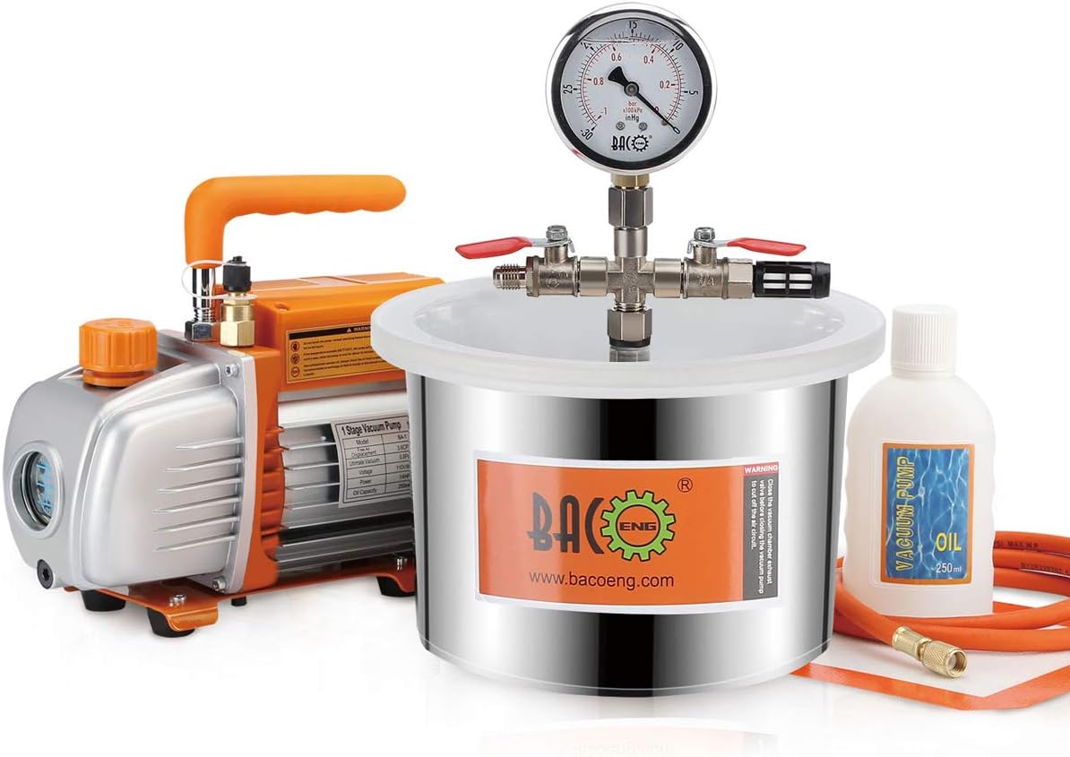 BACOENG 6.8 Liter Vacuum Chamber Kit with 3 CFM Single Stage Vacuum Pump, 3 Pin UK Plug
