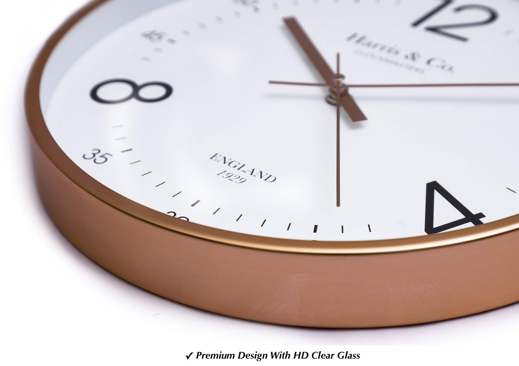 HARRIS & CO. CLOCKMASTERS Premium Analog Wall Clock 12 Inch (Rosegold, with Glass, Metal Frame)(Silent Sweep Noiseless Technology) Model-Baker Street 3