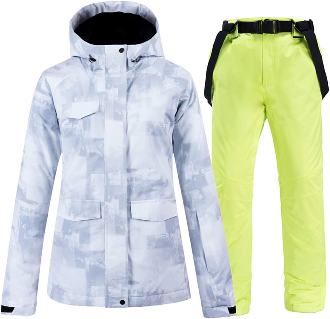 Women's 2 Pcs Gray Ski Jacket Outdoor Mountain Windproof Waterproof Snow Snowboard Coat with Ski Bib Pants Set