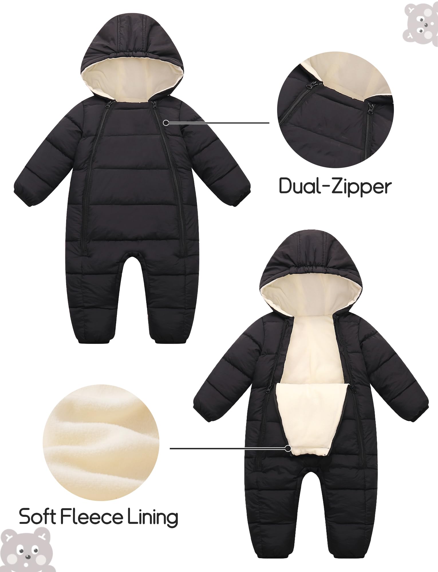 Maeau Combinaison de Neige Ski Bébé 0-24 Mois Manteau à Capuche Snowsuit Hiver avec Double Fermeture Éclair