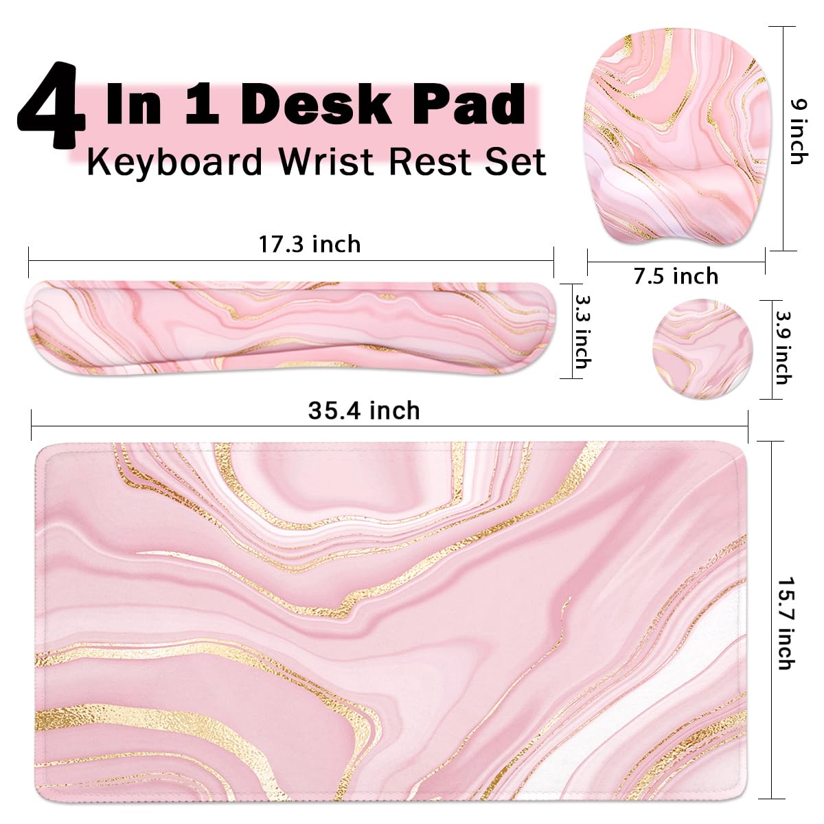Grand repose-poignet pour clavier - Support de poignet pour ordinateur - 4 en 1 en mousse à mémoire de forme - Repose-poignet ergonomique - Pour la maison et le bureau - Marbre rose