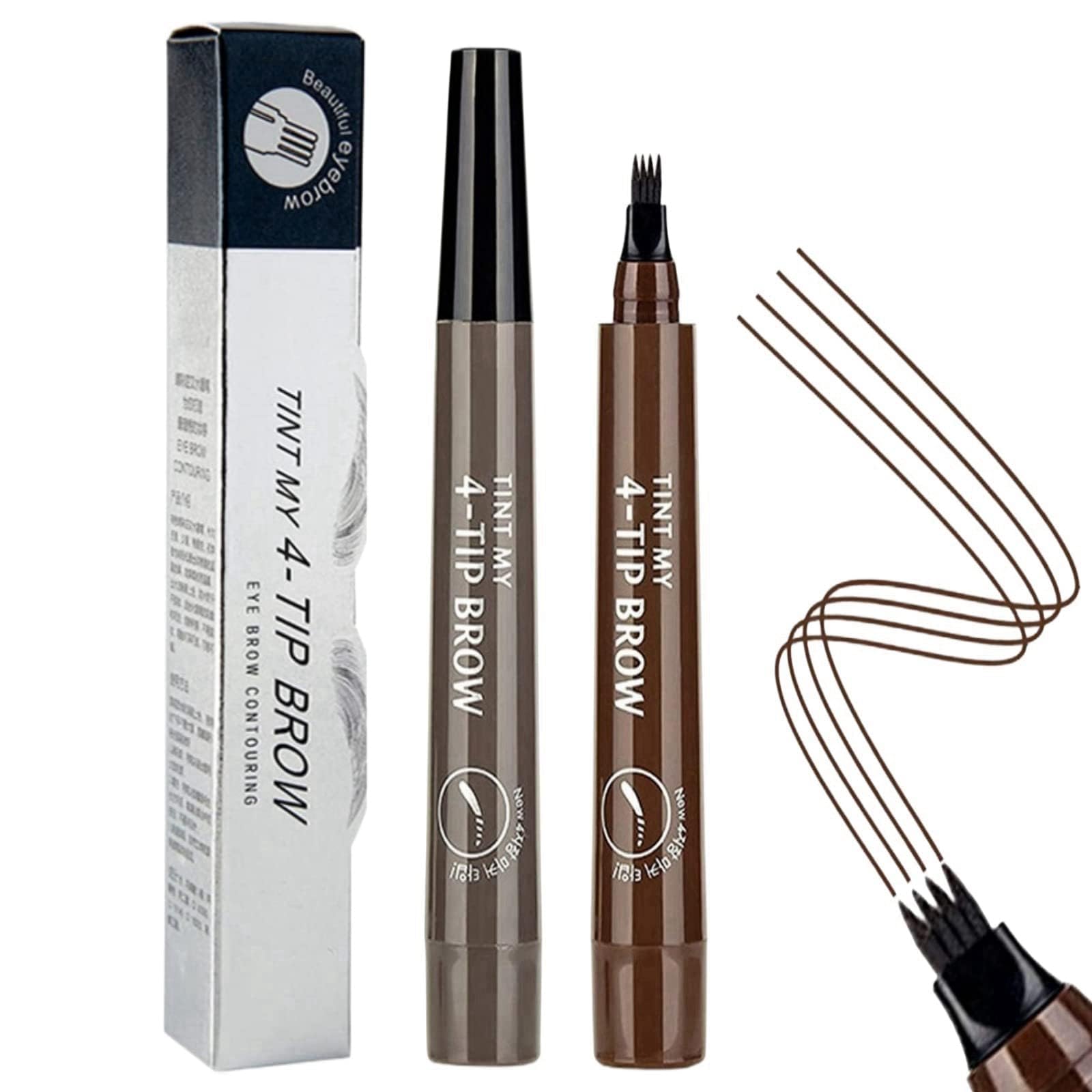 GraGra Eyebrow Pen, 2 Pcs Eyebrow Pen Liquid Eyebrow Pencil, Waterproof Eyebrow Pencil with 4 Micro-Fork Tip, Dark Brown Eyebrow Tint, Eye Brows Makeup Creates Natural Looking Stays