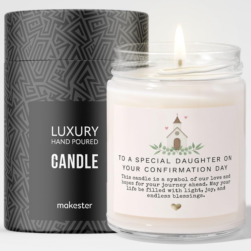 Makester White Confirmation Gift For Daughter - Luxury Soy Wax Candle - Vanilla, Jasmine, Sugared Almond