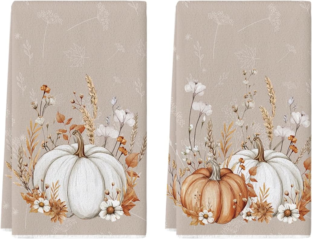 Artoid Mode Grey Pumpkin Fall Kitchen Towels Dish Towels, 18x26 Inch Farmhouse Flowers Wildflower Decoration Hand Towels Set of 2