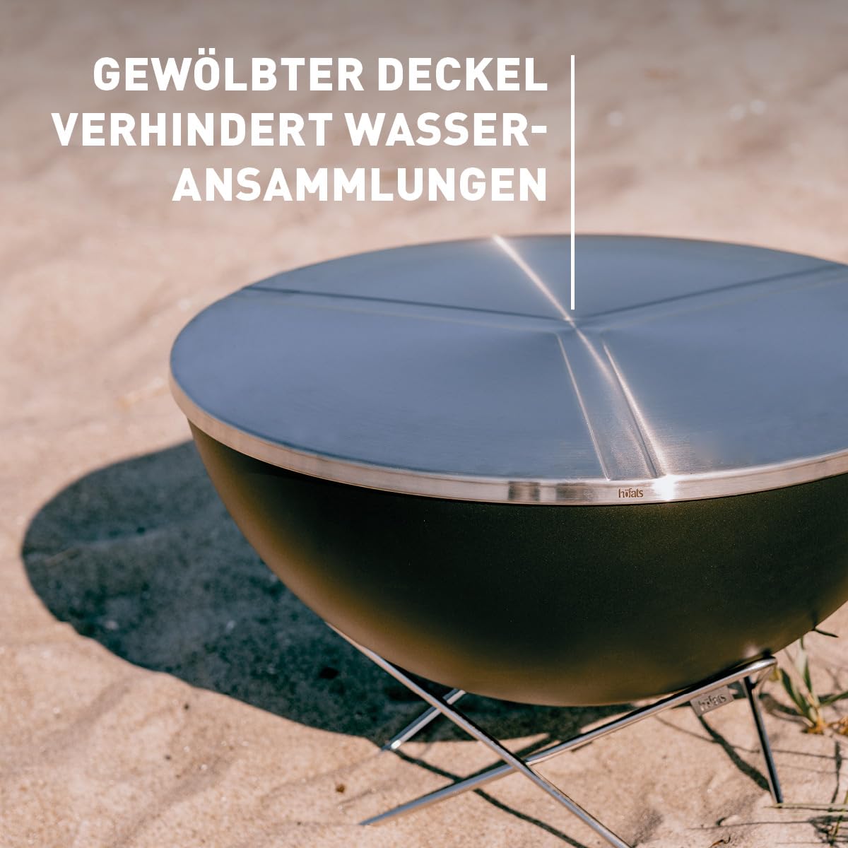 höfats - BOWL 57 Deckel - Abdeckung für Feuerschale um Funkenflug zu vermeiden - rutschsicher und wackelfest, gewölbter Deckel verhindert Wasseransammlung - aus gebürstetem Edelstahl