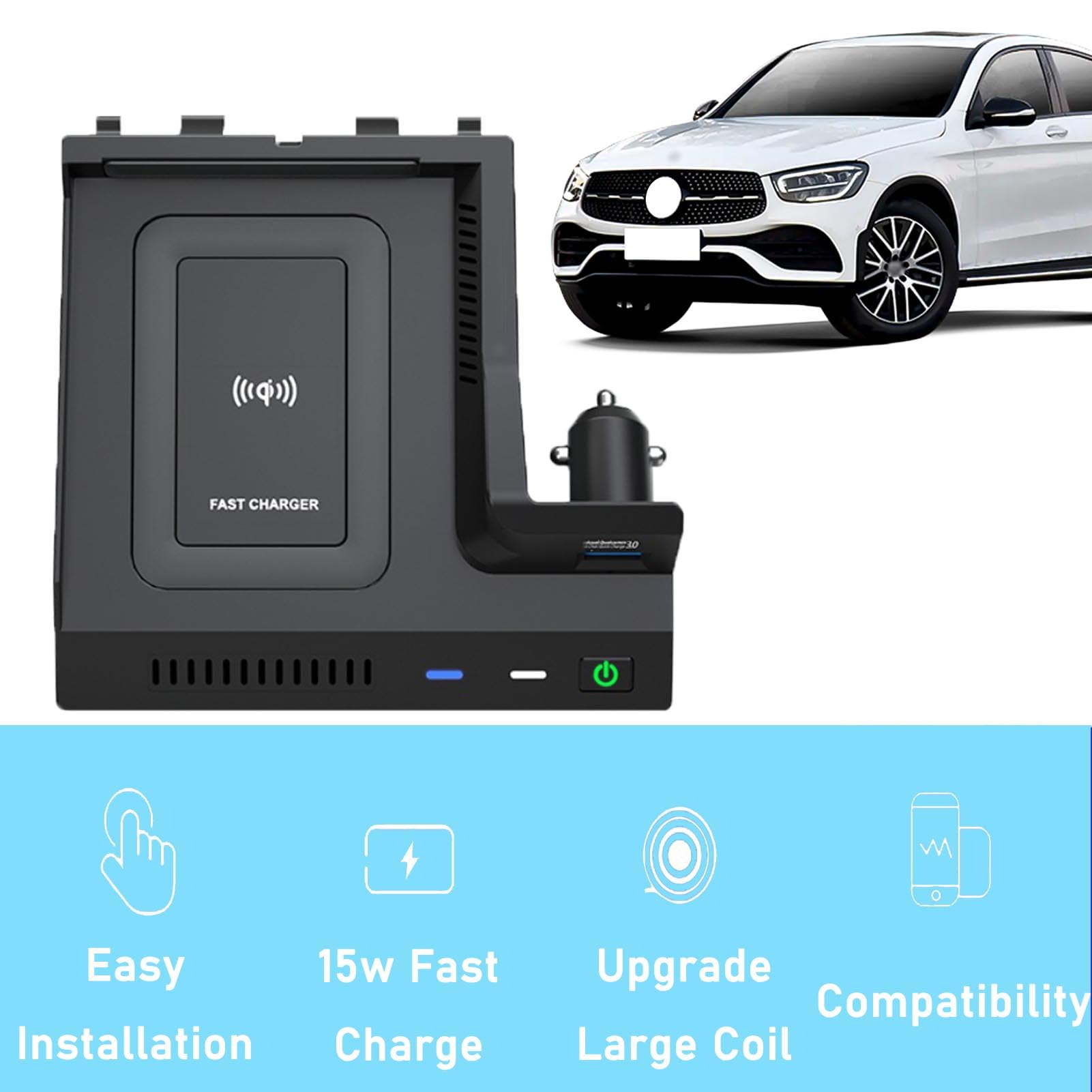 Caricabatterie Wireless per Auto per Mercedes Classe C/Glc Tutti i Modelli Accessorio con 15 W Wireless e USB Qc3.0 Ricarica Rapida Regalo per la Famiglia