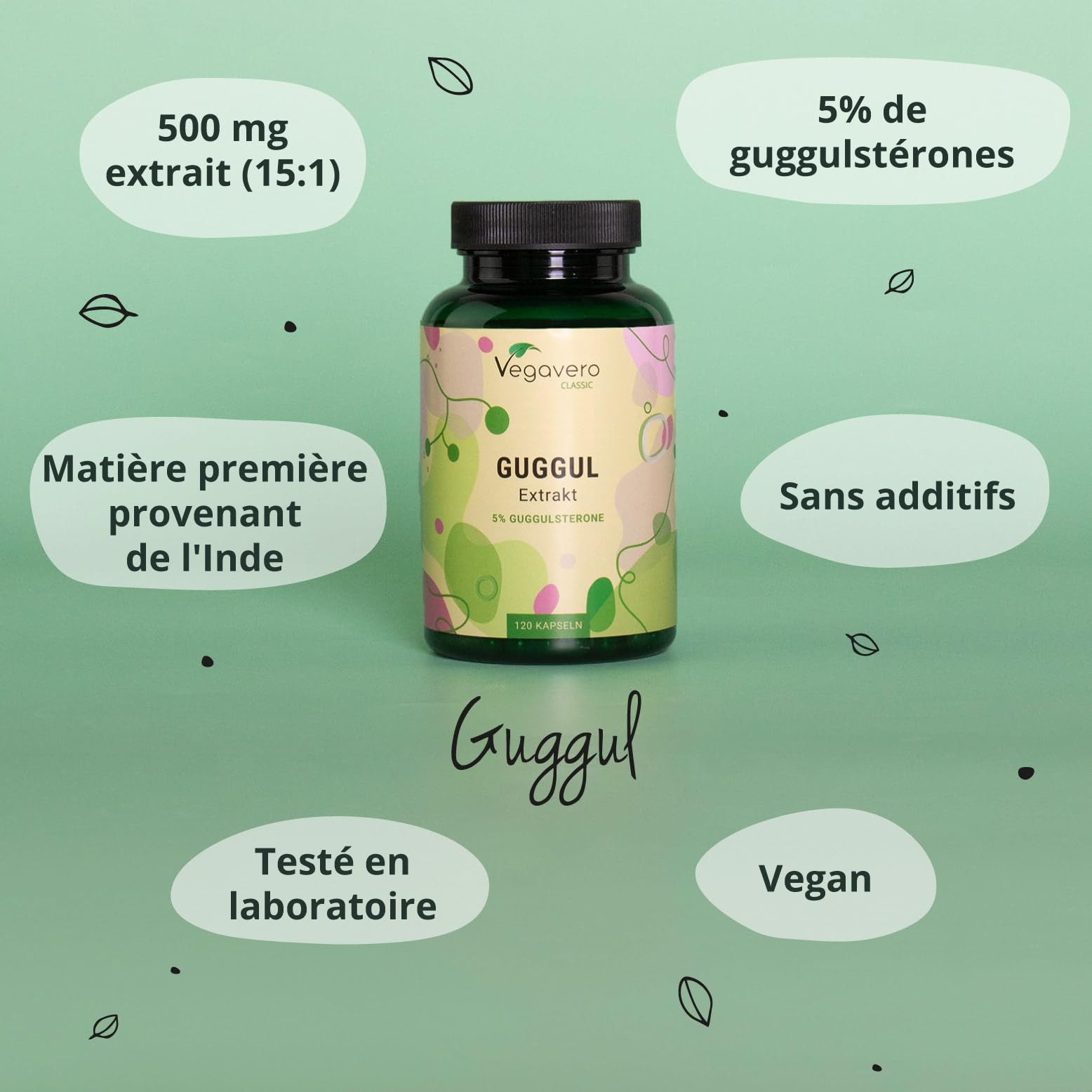 Guggul PREMIUM Vegavero® | 120 Gelules (4 mois) | 5% de Guggulstérones | Cholesterol + Antioxydant Puissant | DOSE LA PLUS ELEVEE: 500 mg d'Extrait | Sans Additifs et VEGAN