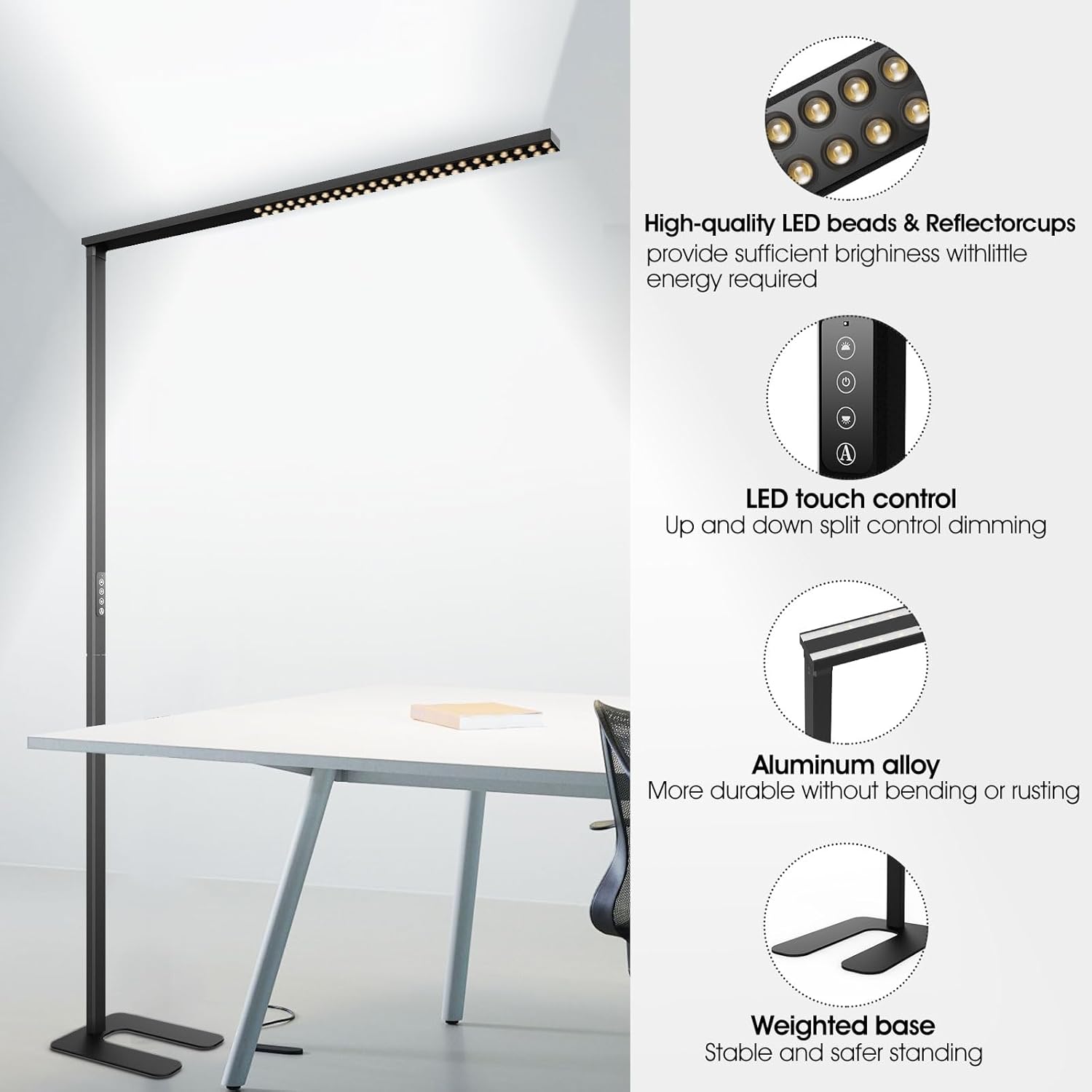 77"LED Floor Lamp,80W Black Modern Free-Standing Lamp,8000LM Dimmable High brightness office Lamp for Reading Study Room,Living Room,Bedroom Room,Piano Room,Meeting Room 4000K Natural Daylight - Image 6