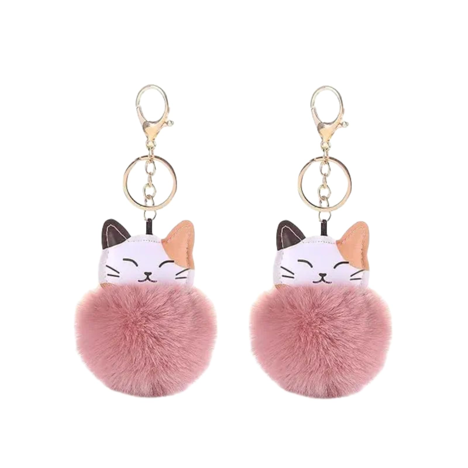 Opemg Women's Pink 2Pcs Cute Cat Shape Pom Pom Keychain Plush Ball Car Keychain Pendant Fluffy Keyring Charm For Bag Purse Decor Keychains Accessories