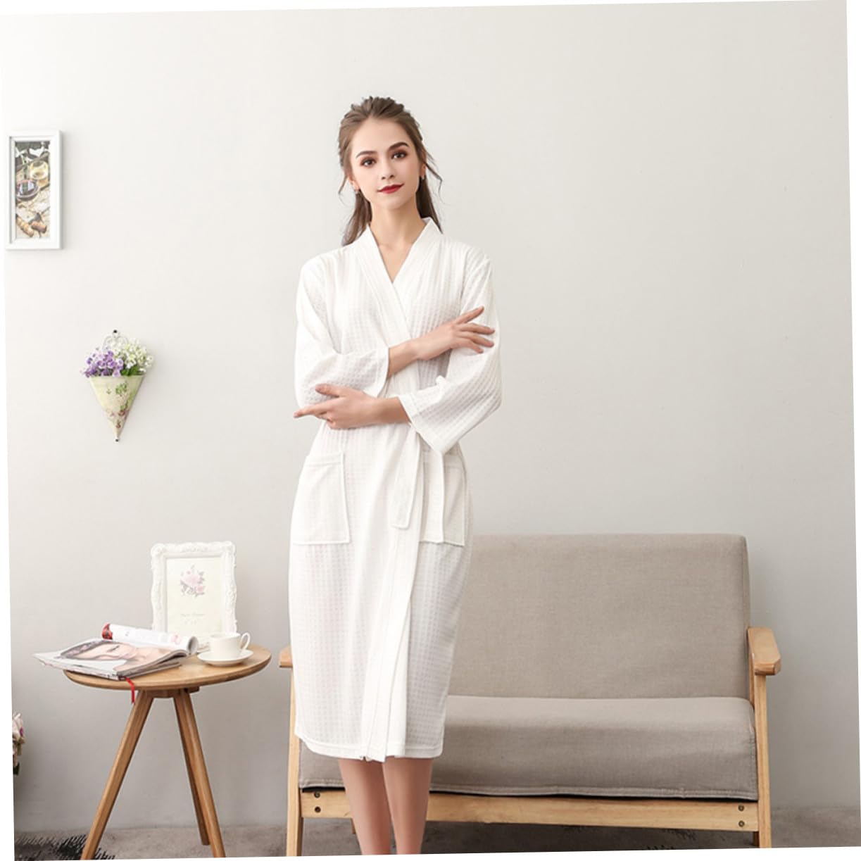 FRCOLOR Peignoir Taille Xxxl en Polyester pour Couple Blanc Pratique Absorbants et Séchage Rapide Manches 3/4, Vêtements D'intérieur pour Printemps