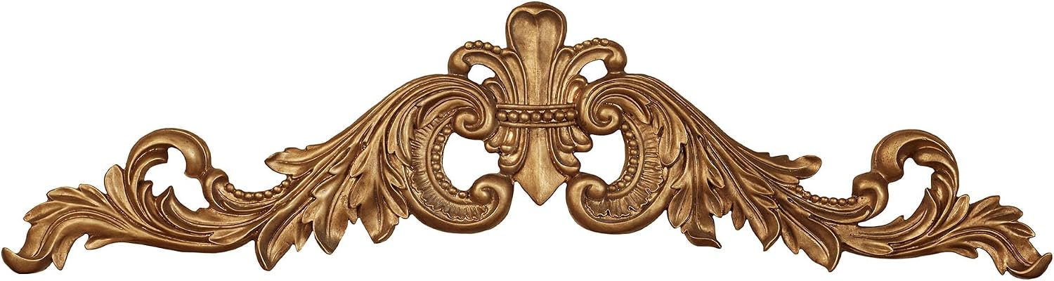 Salvatar Wall Art Topper | Large, Wide Doorway Design | Antique Aged Gold Metallic Finish | Openwork Acanthus Leaf Scrolls with Ornate Fleur De Lis | Hang Alone or Above A Door, Window, or Artwork
