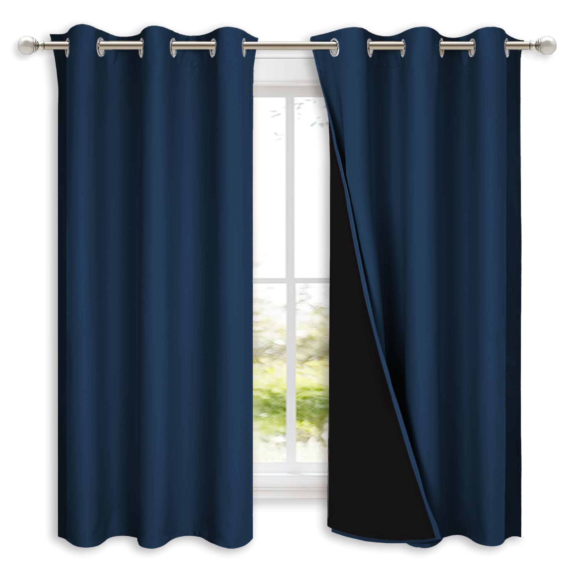 NICETOWN 100% Blackout Curtains with Black Liners, Solid Thermal Insulated Full Blackout 2-Layer Lined Drapes, Energy Efficiency Window Draperies for Bedroom (2 Panels, 42" W by 63" L, Moroccan Blue)