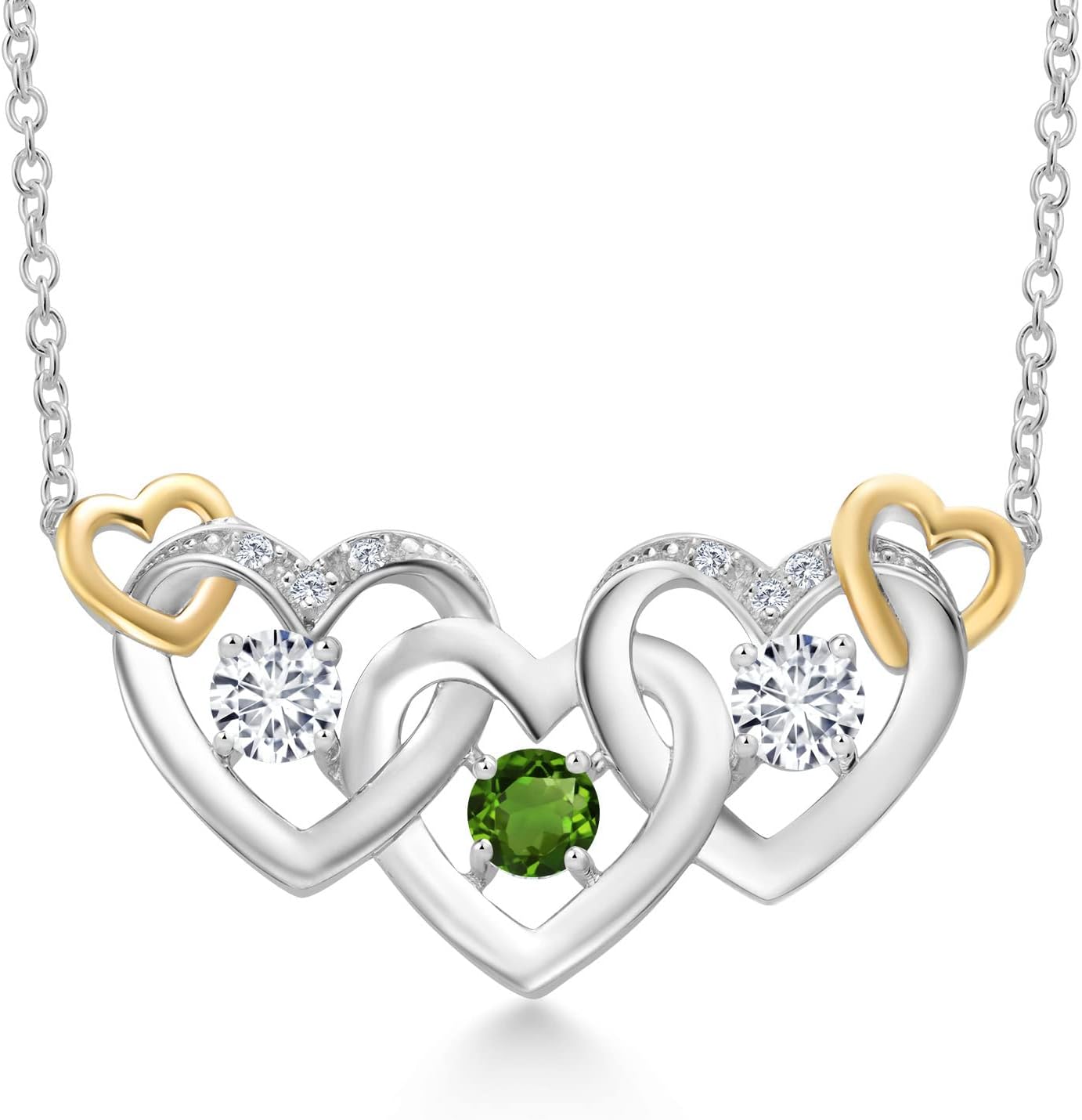 Gem Stone King 925 Silver and 10K Yellow Gold Green Tourmaline and White Lab Grown Diamond Heart Shape Pendant Necklace For Women (0.85 Cttw, with 18 Inch Chain)