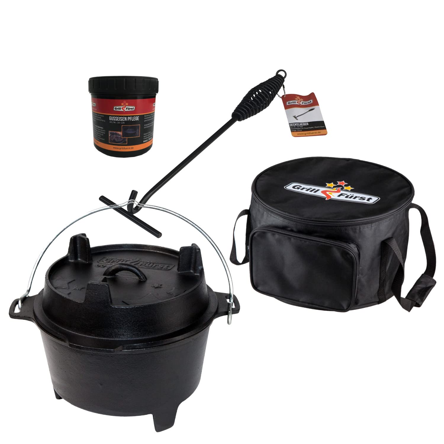 Grillfürst Dutch Oven ca. 6 Liter - stabil stehender Feuertopf durch speziell entwickelte T-Füße, hitzebeständiger Gusseisen Topf, Deckel nutzbar, DO6 inkl. Deckelheber, Tasche und Pflegepaste