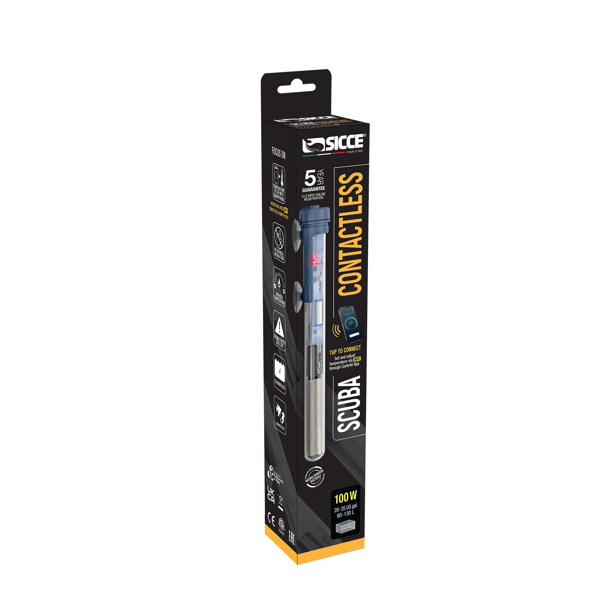 Sicce Scuba Chauffage d'aquarium 100 W contrôlé par NFC sans contact avec application réglable | 100 W submersible pour eau salée et eau douce | Protection contre la course à sec