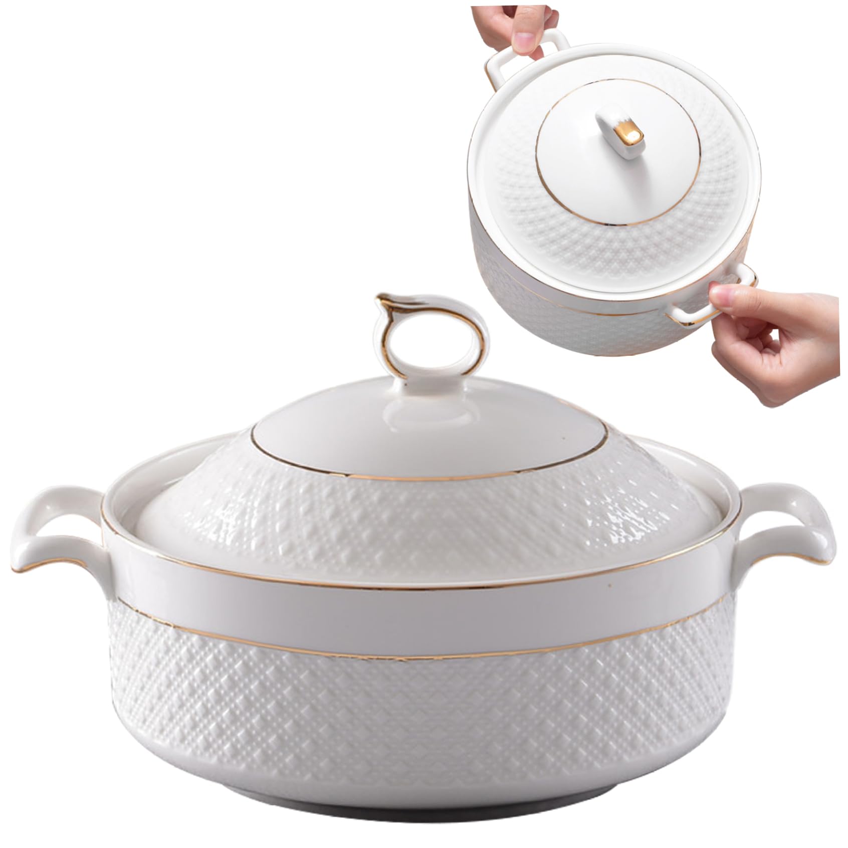 Zuppiera in ceramica bianca da 1, 5 l con bordo dorato, coperchio a doppio manico e mestolo per ciotole da portata per zuppa di pasta e punch