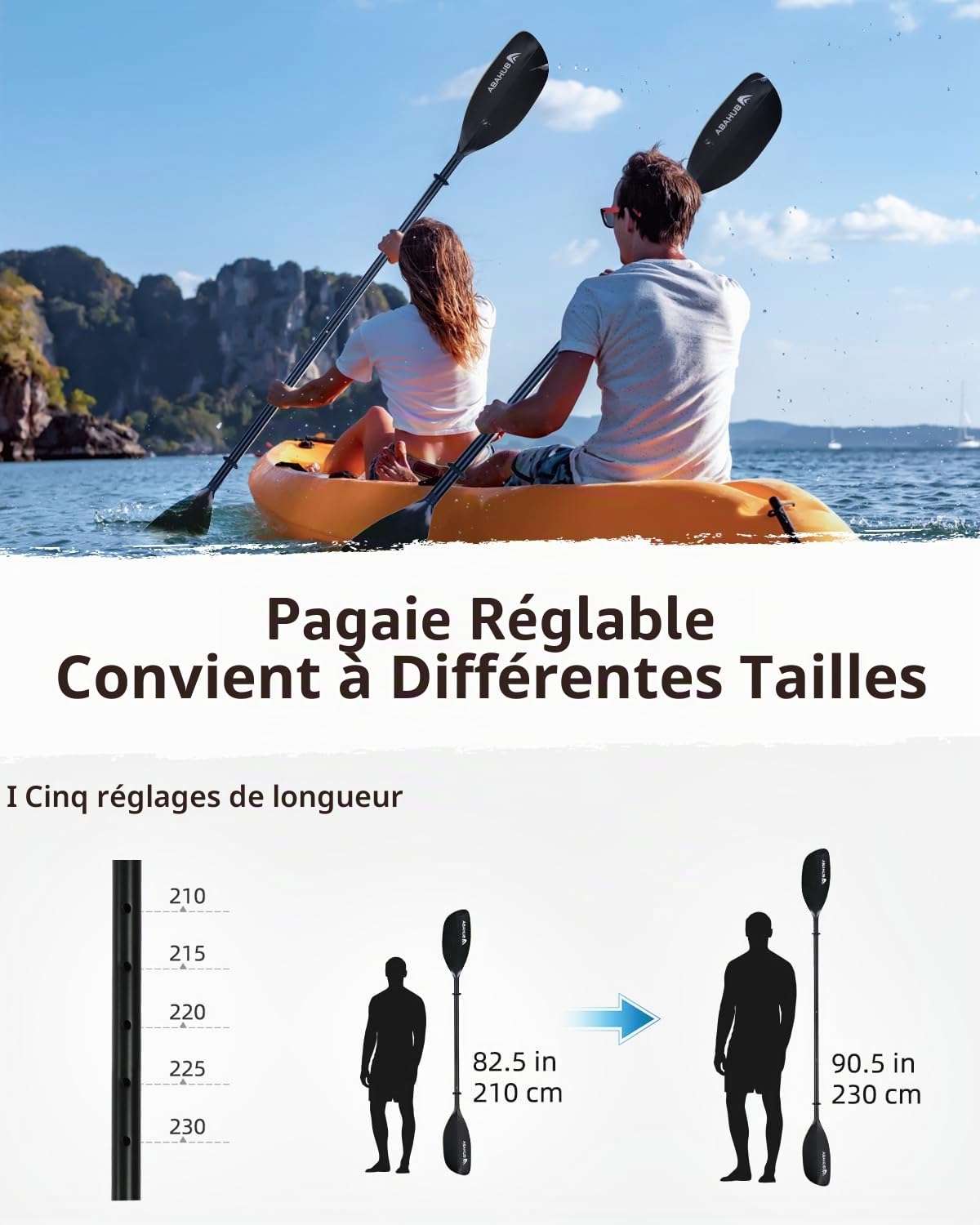 Abahub Pagaie Kayak Réglable 210cm à 230cm Rame Double Paddle Aluminium pour Kayak Aviron Bateau Canoë, Kayak Alliage D’Aluminium Tige Lames en Plastique en 12 Couleurs