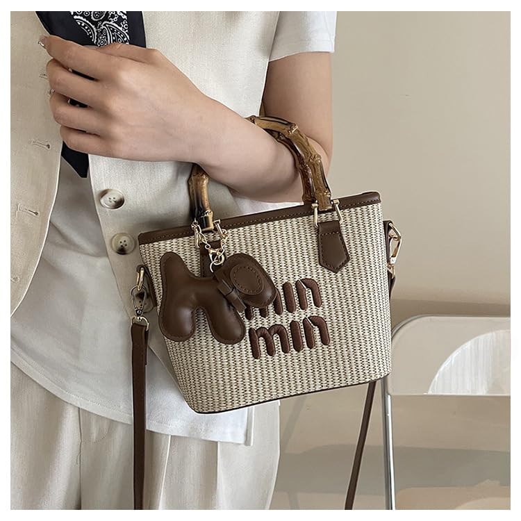Woven Bucket Bag Crossbody HandBag Purse, Bamboo-Style Handle & Cute Dog Charm, Gift for Friend Her2