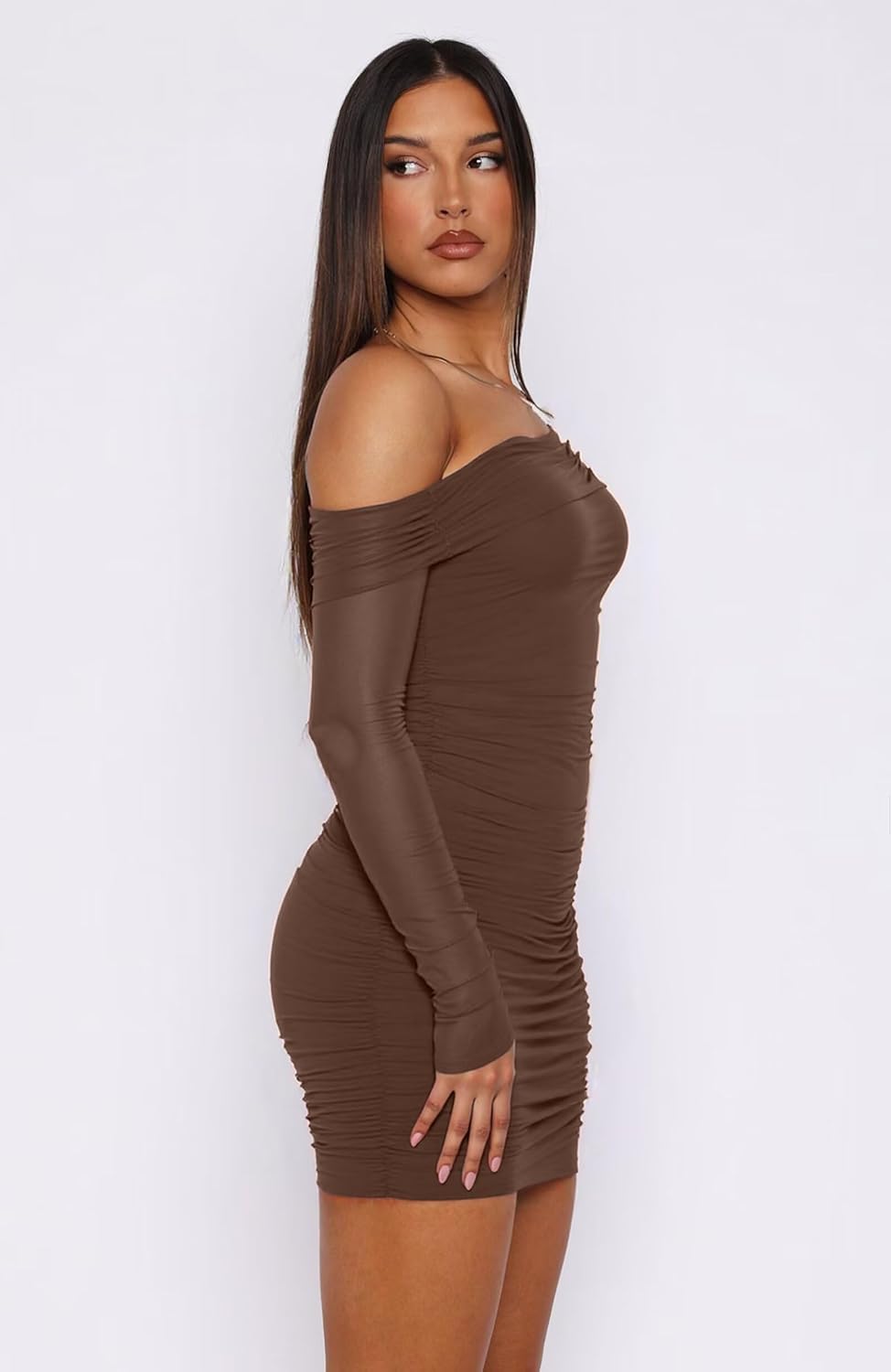 kaimimei Women Sexy Off Shoulder Mesh Bodycon Mini Dress Long Sleeve Sheer Ruched Party Cocktai Dresses - Image 2