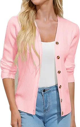 GRACE KARIN Women's Button Down Vee Neck Long Sleeve Rib Knit Cardigan Sweaters