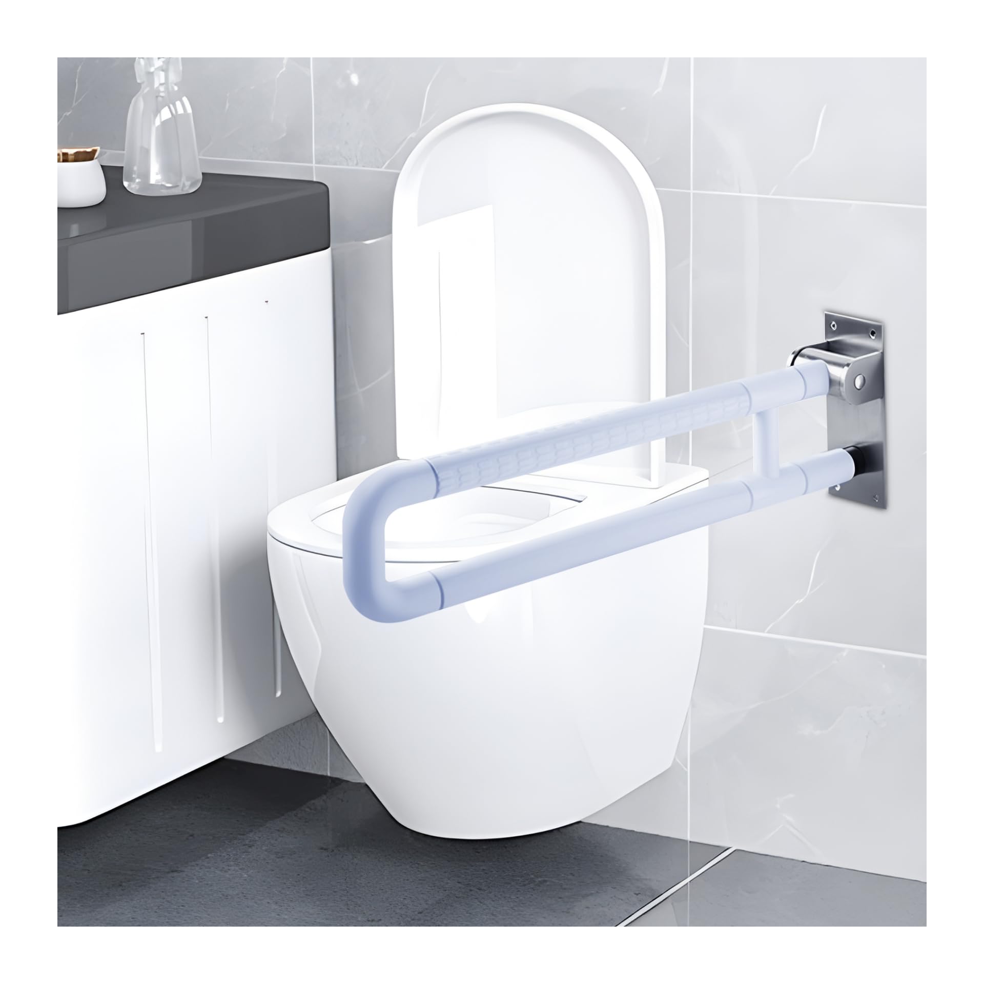 Asidero para inodoro para personas mayores, discapacitados, plegable, acero inoxidable, antideslizante, con una capacidad de carga de 226 kg, antideslizante con perfil estriado, función plegable 90°