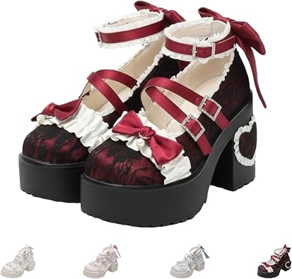 Womens Gothic Lolita Chunky Platform Shoes - Kawaii Bow Lace Buckle Ankle Strap High Heels with Heart Detail Design Cute Wedge Shoes for Cosplay Anime Costume Party Dress Daily Wear
