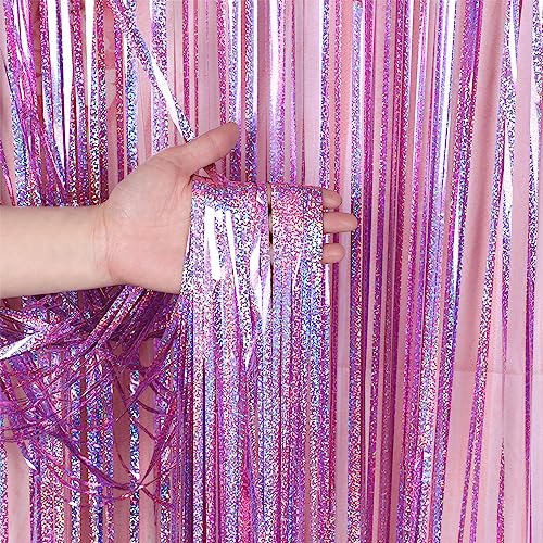 Image of 4 Pack Pink Tinsel Party Backdrop 12.8x8.2 Feet Glitter Metallic Tinsel Foil Fringe Curtain, Pink Backdrop Curtain Door Streamers for Birthday Bachelorette Graduation Christmas Party Decorations