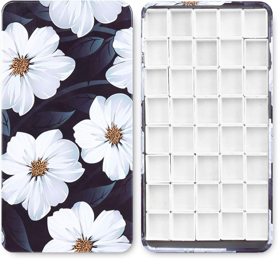 40Pcs Empty Half Pans with Magnetic Stripe Watercolor Paint Travel Tin Palette Case, Artist Paints Kits for DIY Watercolor Oils or Acrylics Painting Art Drawing Gardenia Flower