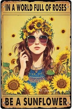 Strunt Funny Retro Hippie A World Full of Roses Be Sunflower Tin Signs,Boho Style Decor,Inspirational Quote Decor,Gift for Daughter Boys Party Garage Thanksgiving Wedding Decorations 5.5x8 inches