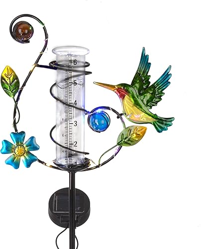 Stargarden Hummingbird Rain Gauge Outdoor Solar LED Lights Rain Gauge Decorative Waterproof for Yard Garden Patio Lawn Colibrí de colores-A