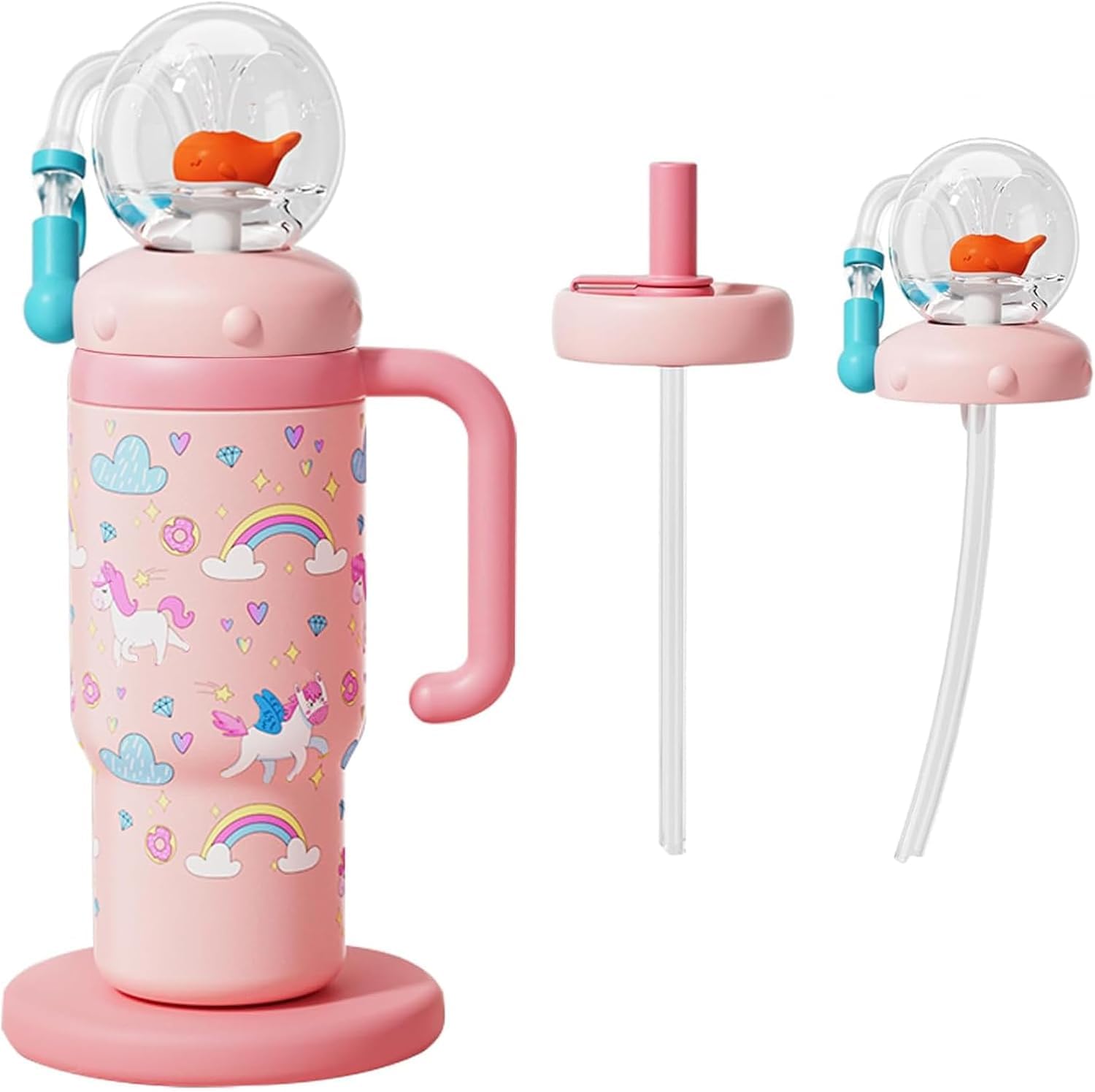 XUZIE Stainless Steel Whale Fountain Tumbler with Handle Whale Squirt Weighted Sippy Straw Cups with Handle Lid and Straw for Water, Iced Tea or Coffee, Smoothie and More
