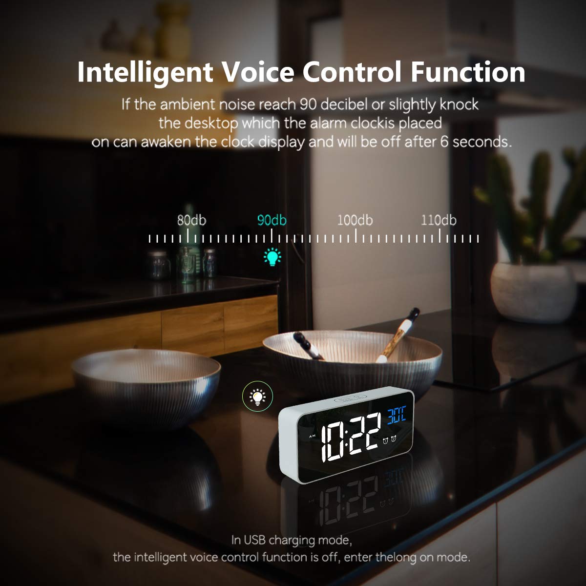 LATEC Reloj Despertador, LED Pantalla Reloj Despertador Digital con Espejo, Doble Alarma, Temperatura, Puerto de Carga USB, 10 Música, 4 Brillo Ajustable, 12/24H(Blanco) — view 4