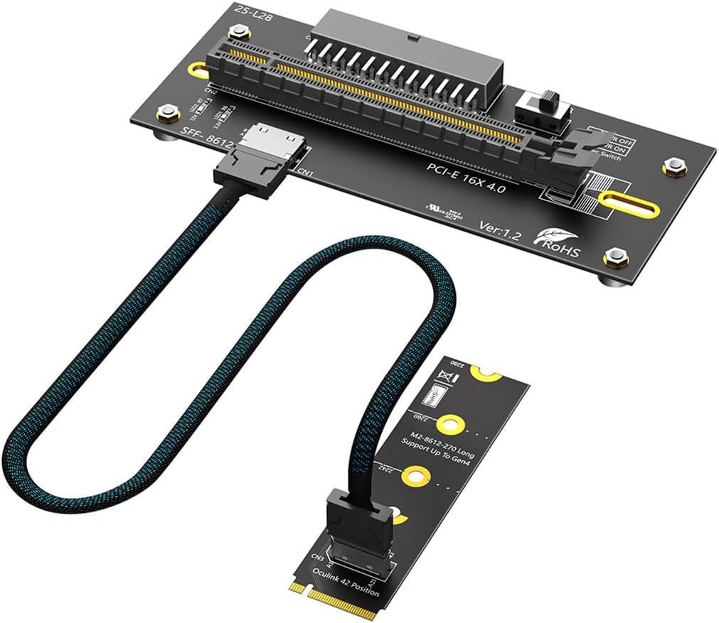 JMT PCI-E 4.0 16X to M.2 Mkey Extension Card 32Gbps with Oculink SFF-8612 Extension Cable Compatible with M.2 NVMe SSD External Graphics Card (24PIN with 2230 Card)