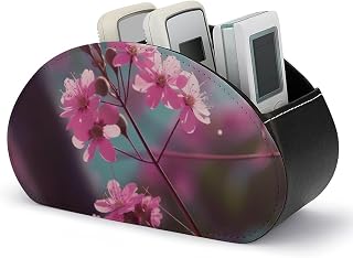 Small Flowers Remote Control Holder with 5 Compartment Organizer Box, Leather TV Remote Holder Organizer Caddy for Table, PU Leather Remote Box for Nightstand Office Desk Storage Box