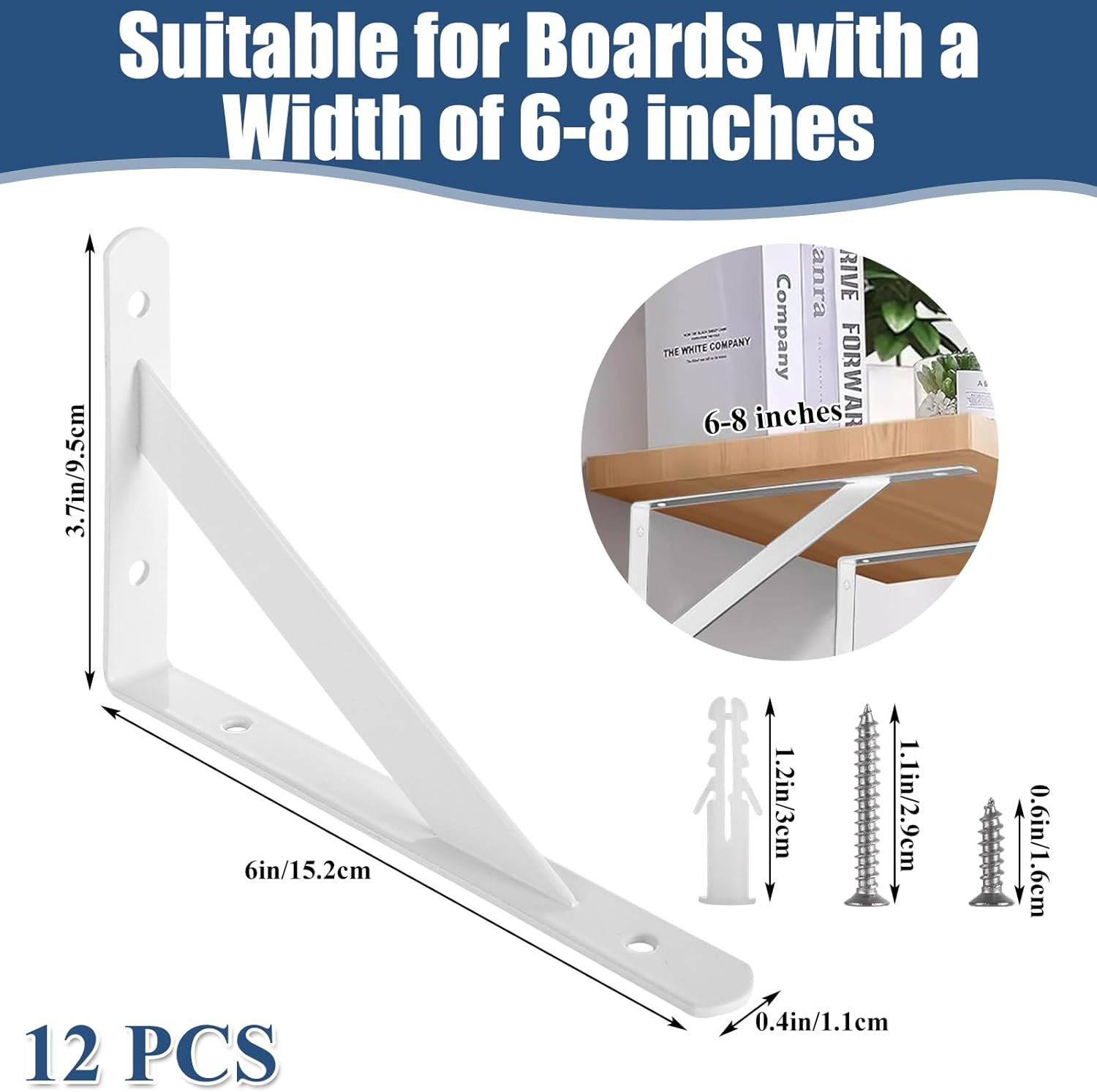 12 PCS White L Brackets for Shelves 6 Inch Heavy Duty Floating Shelf Brackets Metal White Hidden Shelf Brackets 6 Inch 90° Triangle Angle Brackets for Shelves (3.7 inch x 6 inch)