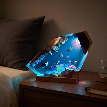 Handmade Sea Life Resin Decor Lamps, Creativity Ocean Epoxy Resin Lamp with Wooden Base, Ocean Night Light, Home Desk Decor, Unique Holiday Gifts for Friends, Diving Lovers and Family Style1
