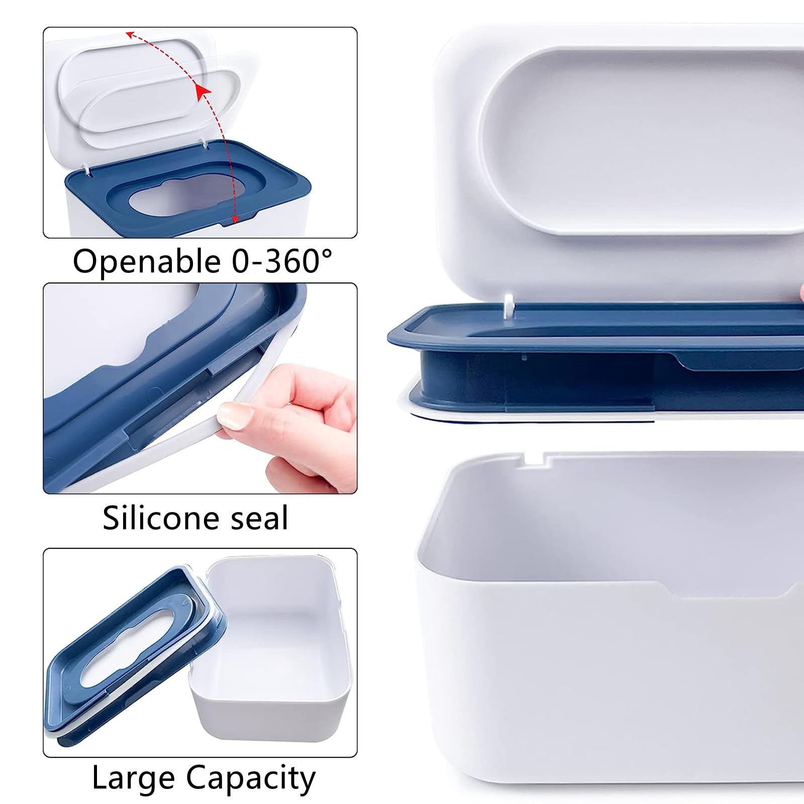 Wipes Dispenser with 2Pcs Portable Refillable Wipe Holder,Reusable Large Wipe Holder Box Flushable Wipes Case Bathroom Wipes Container for Pet Nursery Kitchen Office Counter(White-Blue) - Image 3