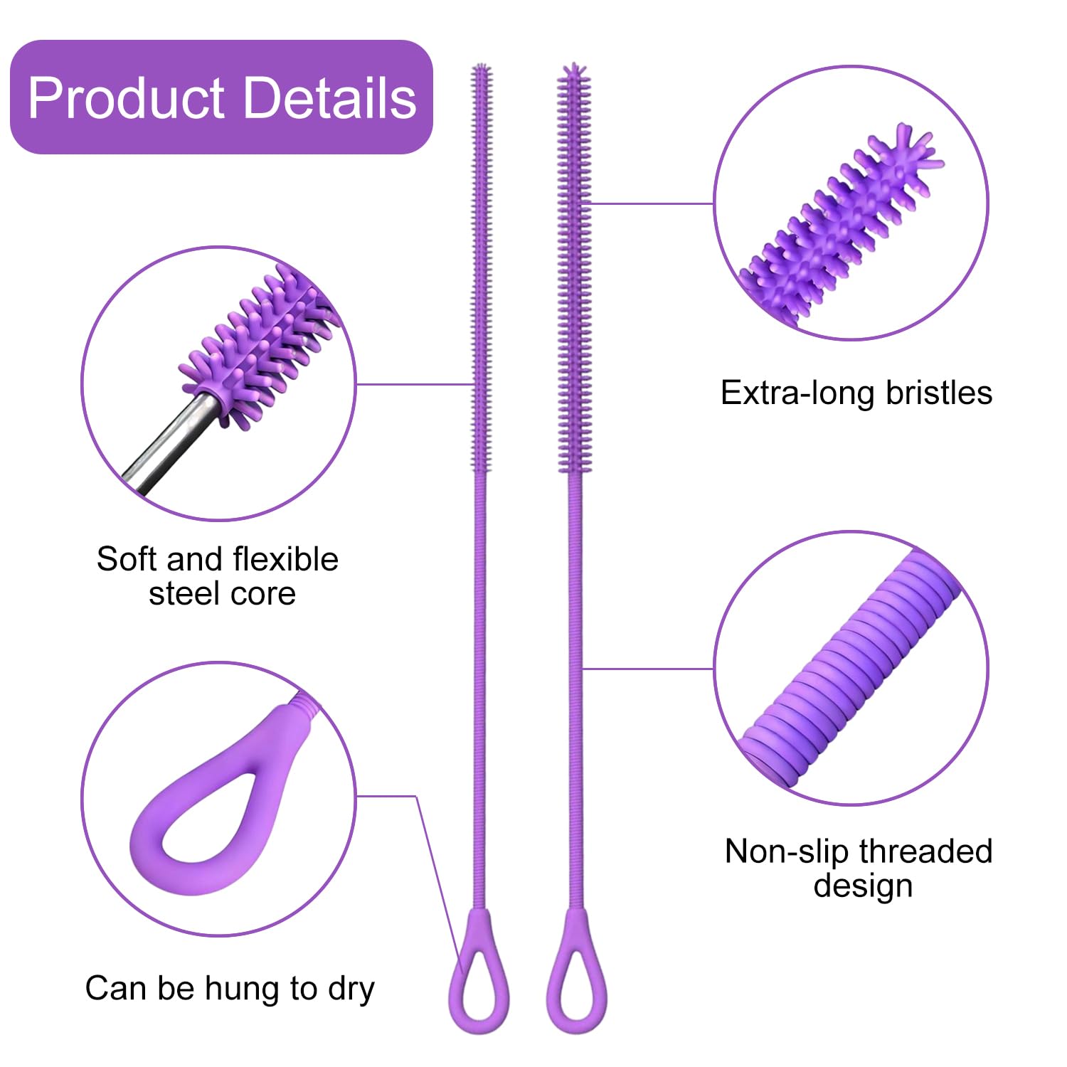 2 Pcs Cepillo Limpia Pajitas Silicona,Cepillo Limpiador de Pajitas Flexible Extralargo,Reutilizable y Colgante,Mango Antideslizante (Morado)