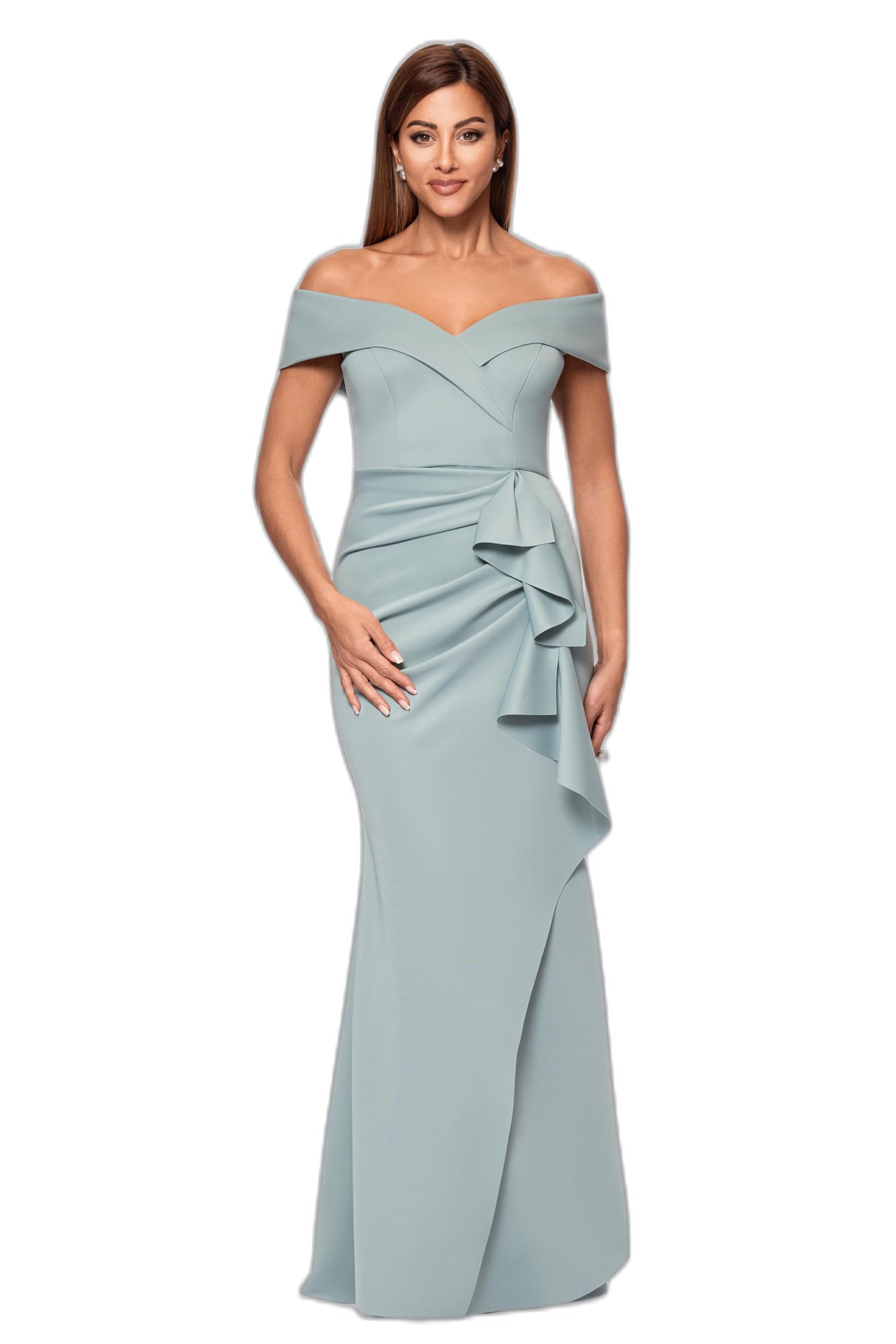 Xscape Womens Long Off Shoulder Sweetheart Neck Side Ruffle Gown