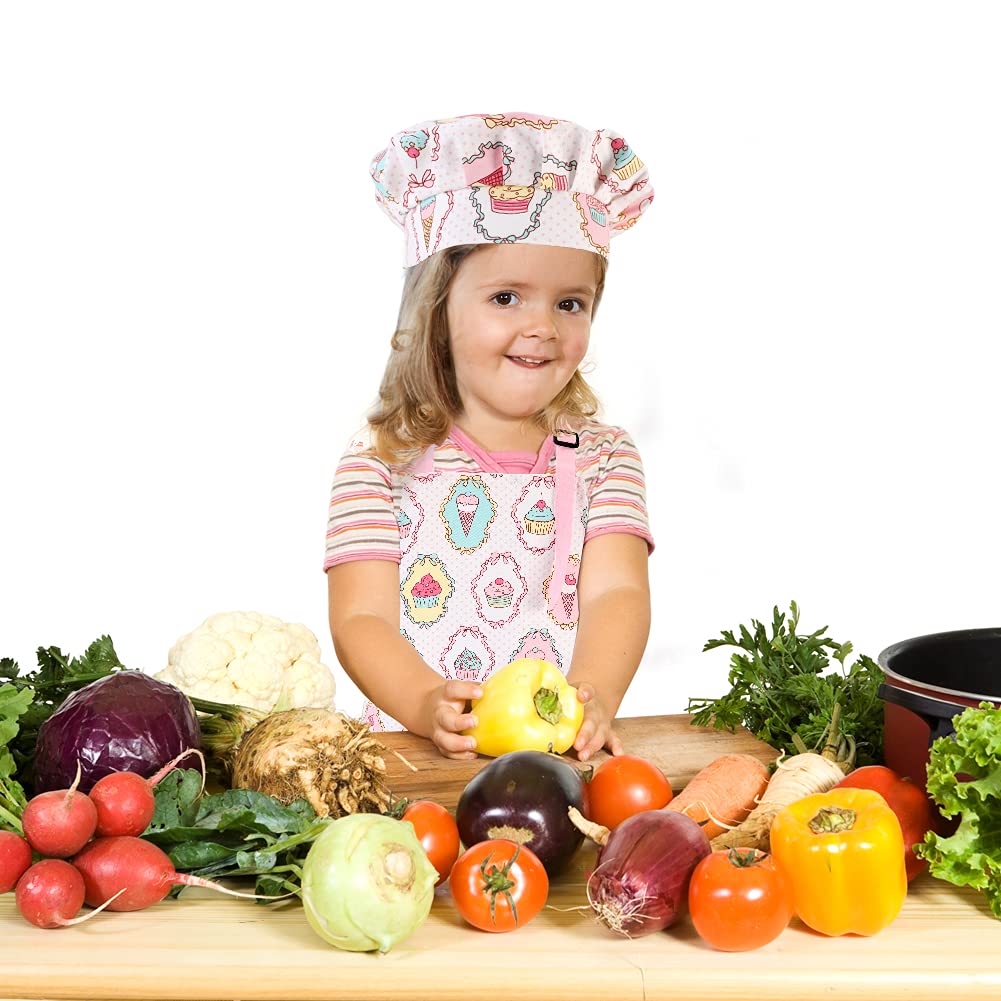 Juego de delantal y sombrero de chef para niños, delantales de algodón para niños con bolsillo, para niñas y niños