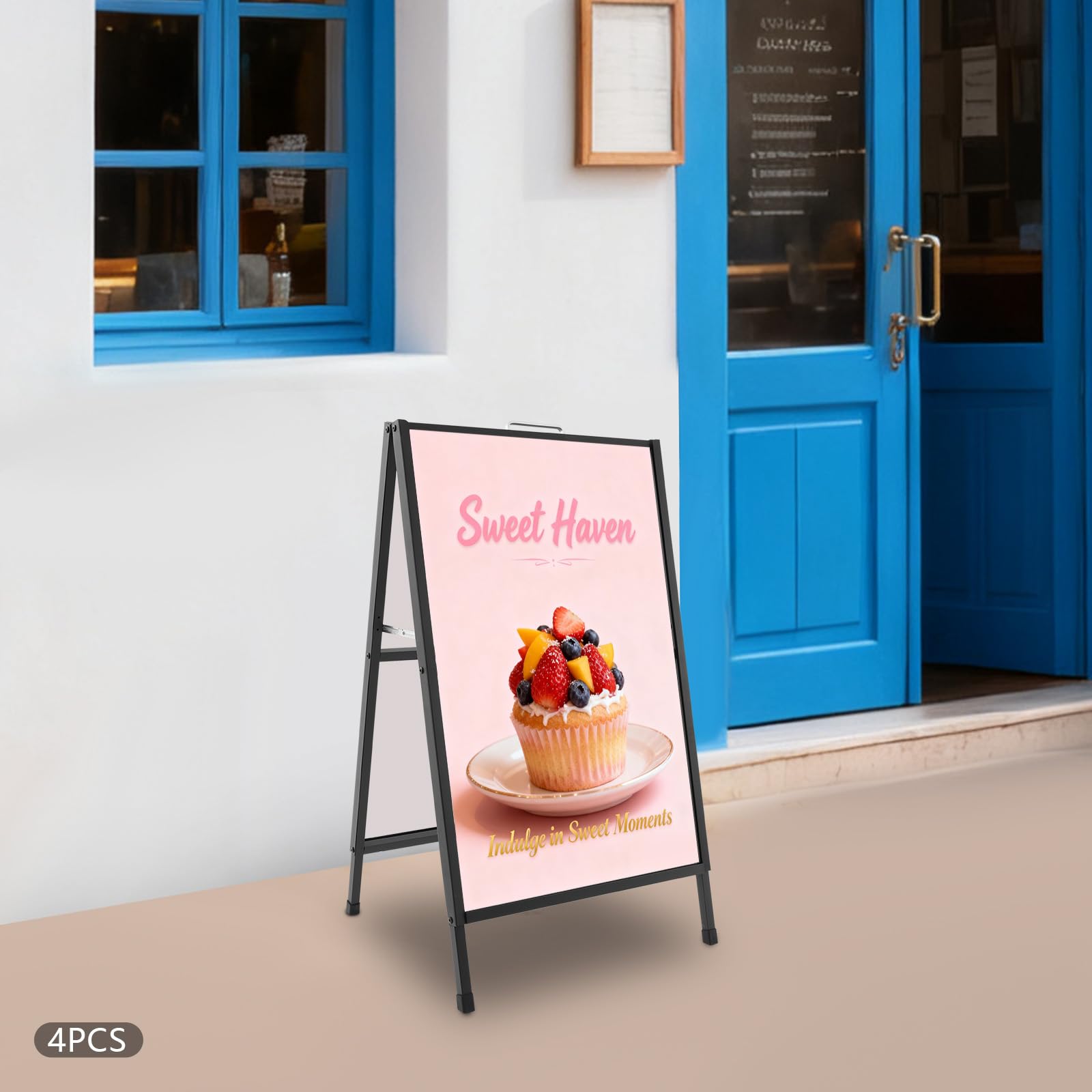 Portacarteles de doble cara en forma de A de hierro y tubo galvanizado, resistente, negro, 4 unidades, para carteles publicitarios de hasta 60 x 90 cm, ideal para tiendas, exposiciones, eventos y