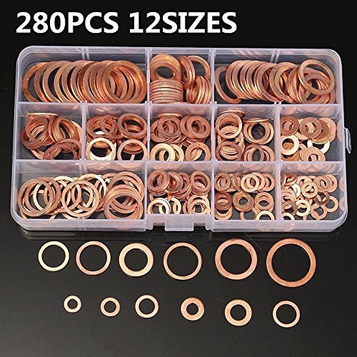 brogtrol M5 M6 M8 M10 M12 Seal Flat Ring Variety of Solid Copper Crush Washers Assortment with Box (12Values 280Pcs)
