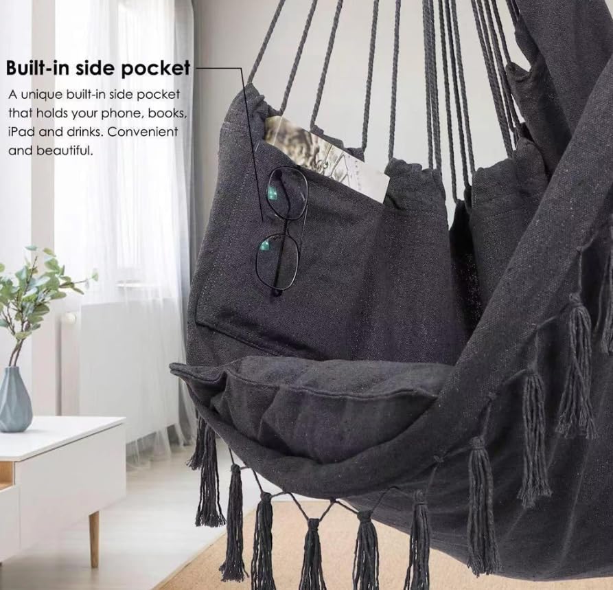 Huśtawka hamakowa, frędzle do hamaka ogrodowego, maksymalne obciążenie 130 kg, w tym 2 poduszki do siedzenia, tkanina bawełniana, odpowiednia do użytku wewnątrz i na zewnątrz, z metalowymi okuciami