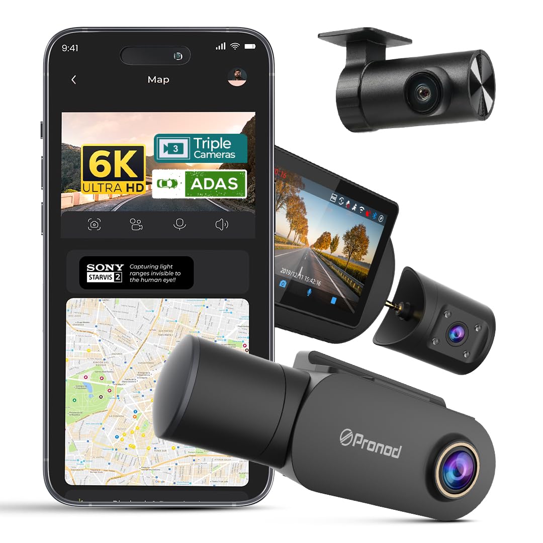 PRONOD 6K Triple Dash Cam for Car Front & Rear + Inside | Sony STARVIS 2 | AI Voice Control | ADAS | GPS Tracking | WiFi App | 24H Parking Mode | 2.45" Display | Supports 512GB | with Mic