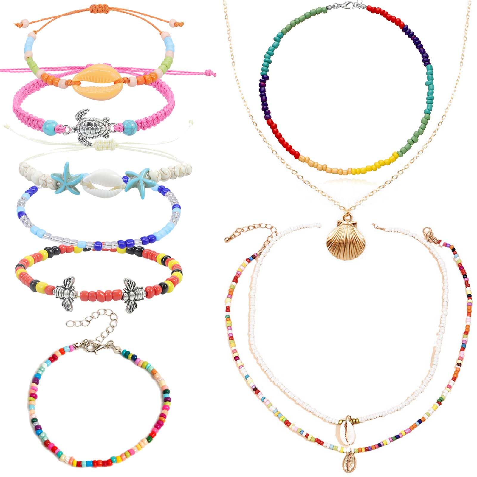Hifot 10 Piezas Boho Cuentas Collares de Colores Pulsera Conchas Playa Gargantillas Collar Mujer Verano Ajustables Tobilleras Abalorios Pulseras Mujer y Niñas