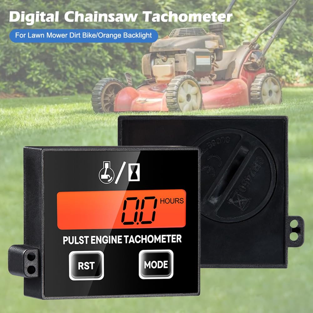 Digitaler 2/4-Takt Induktiver Drehzahlmesser mit Stundenzähler, Digital Tachometer für Motorrad, Schneefräse, Motocross, Rasenmäher, Generator, Kettensäge (Orange)