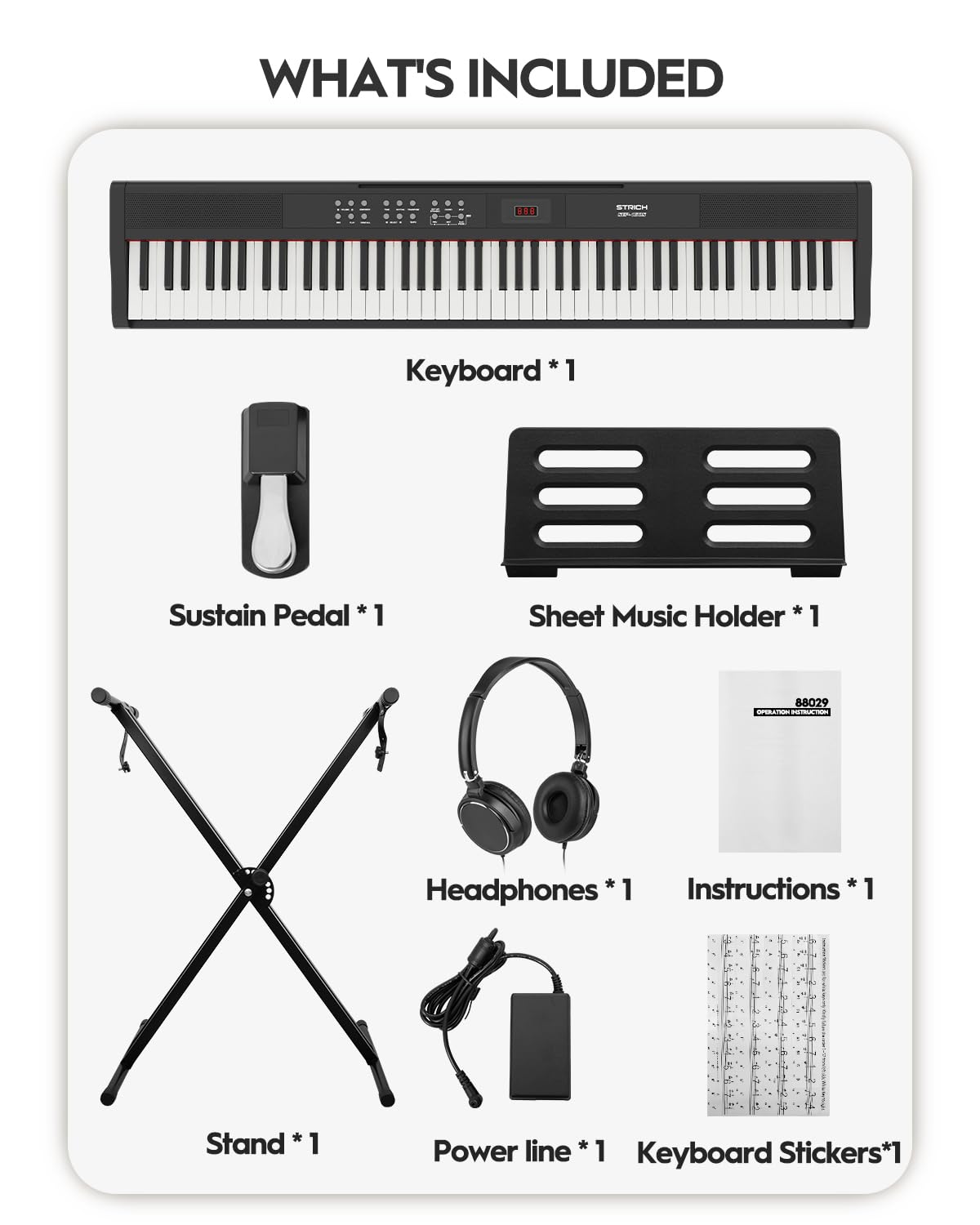 STRICH 88 Key Digital Piano Full Size Electric Keyboard with Stand, Semi-Weighted Sensitive Keys, Portable Electric Piano Set for Beginner, Bundle with Sustain Pedal, Headphones, Music Rest, SEP-150S
