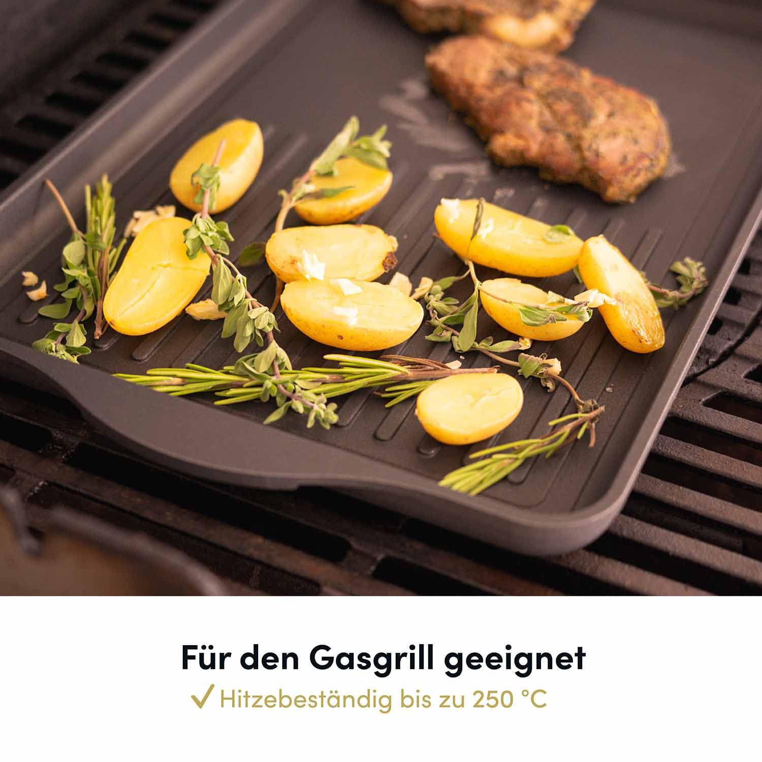 Große Aluguss Grillplatte Induktion 49x29 cm I Beschichtete Bratplatte Induktionskochfeld I Grill Grillaufsatz für Herdplatte I Herd Plancha antihaft I Induktionsfähige Grillpfanne I Steakpfanne