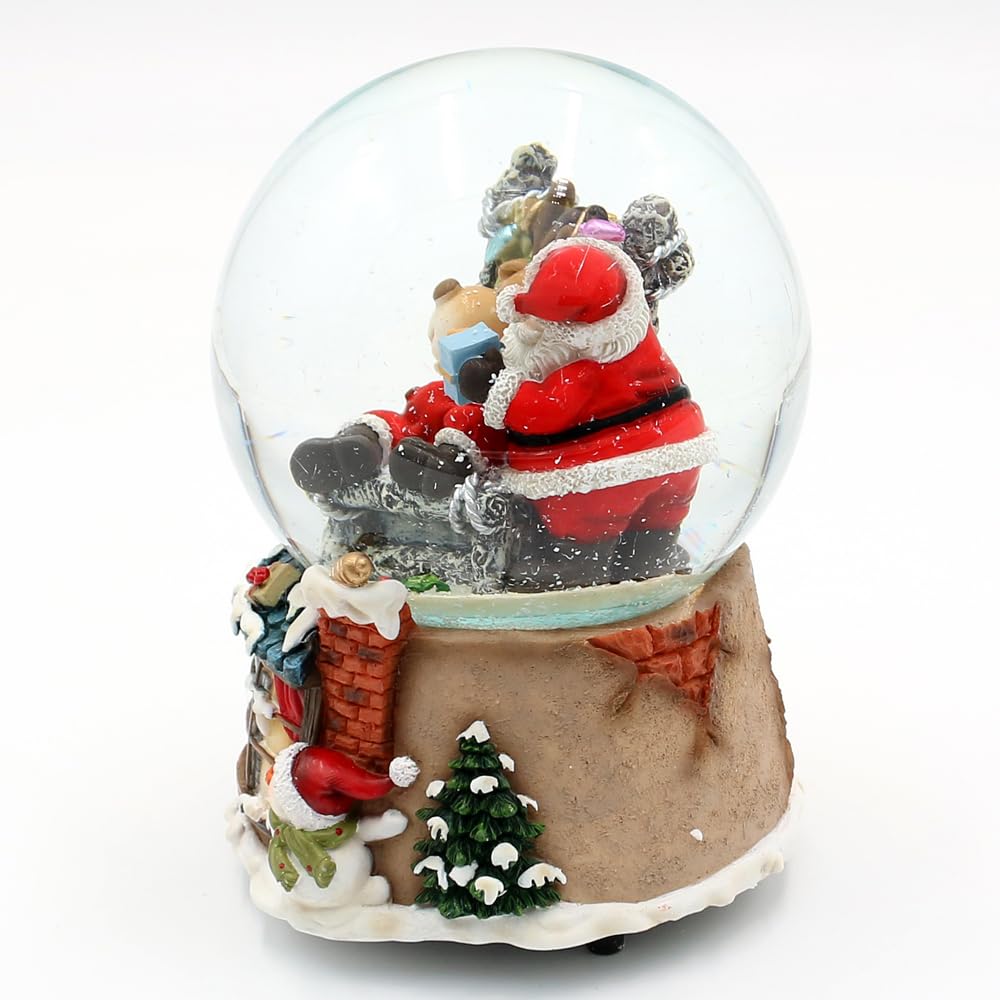 Schneekugel Rentier im Sessel und Weihnachtsmann, auf Kamin Sockel, mit Spielwerk, Melodie: Here Comes Santa Claus, L/B/H/Ø Kugel 11 x 11 x 15 cm Ø 10 cm.