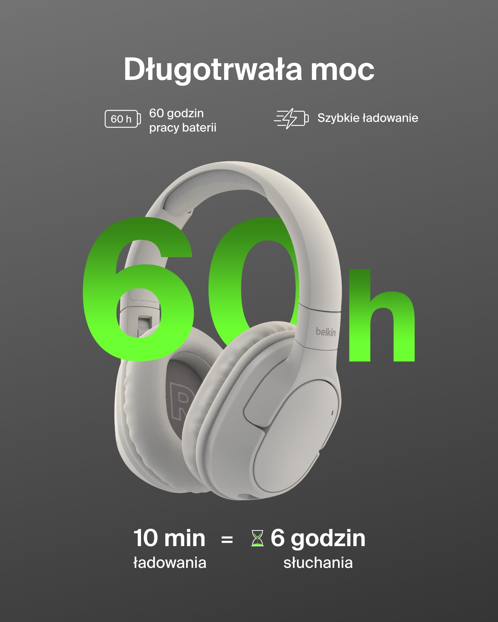 Belkin SoundForm Surround Słuchawki Bezprzewodowe Nauszne Bluetooth z ENC Redukcją Hałasu i Miękkimi Nausznikami, do iPhone’a, Galaxy i iPada, 60 godz. Odtwarzania w Podróży, Domu, Piaskowe